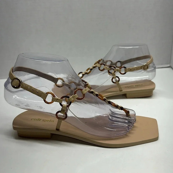 Cult Gaia Sandals T-Strap Flip Flop Shoes Square Toe Circle Chain Size 36.5 6.5 - Picture 1 of 11